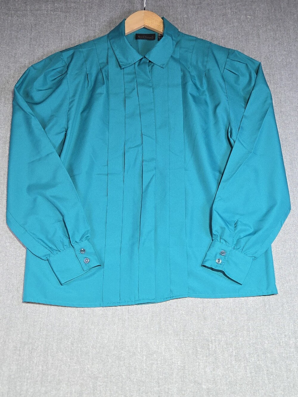 ​Vintage Ann Chabrol Womens 10 Teal Blue Pleated Front Blouse Long Sleeve